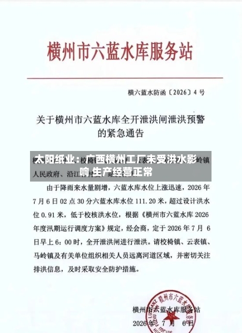 太阳纸业：广西横州工厂未受洪水影响 生产经营正常
